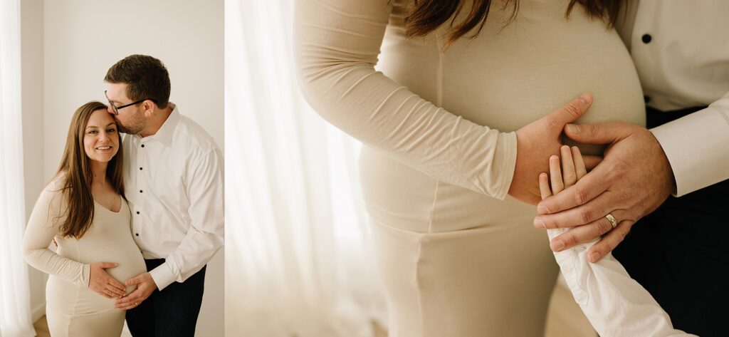 Pregnant couple holding hands and smiling, celebrating the last trimester before welcoming their bab.
