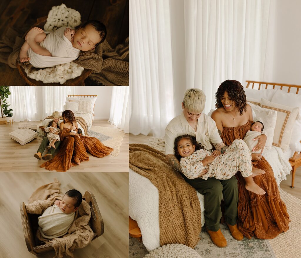 LGBTQ+ family with newborn in cozy bedroom setting in The Woodlands, TX.
