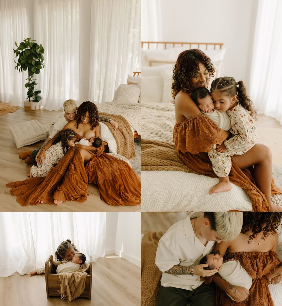Family with children in a cozy bedroom, natural light, warm tones, professional photography.